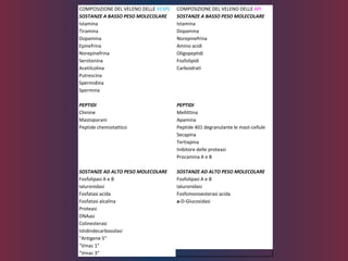 COMPOSIZIONE DEL VELENO DELLE VESPE COMPOSIZIONE DEL VELENO DELLE API
SOSTANZE A BASSO PESO MOLECOLARE SOSTANZE A BASSO PESO MOLECOLARE
Istamina Istamina
Tiramina Dopamina
Dopamina Norepinefrina
Epinefrina Amino acidi
Norepinefrina Oligopeptidi
Serotonina Fosfolipidi
Acetilcolina Carboidrati
Putrescina
Spermidina
Spermina
PEPTIDI PEPTIDI
Chinine Mellittina
Mastoporani Apamina
Peptide chemiotattico Peptide 401 degranulante le mast-cellule
Secapina
Tertiapina
Inibitore delle proteasi
Procamina A e B
SOSTANZE AD ALTO PESO MOLECOLARE SOSTANZE AD ALTO PESO MOLECOLARE
Fosfolipasi A e B Fosfolipasi A e B
Ialuronidasi Ialuronidasi
Fosfatasi acida Fosfomonoesterasi acida
Fosfatasi alcalina a-D-Glucosidasi
Proteasi
DNAasi
Colinesterasi
Istidindecarbossilasi
"Antigene 5"
"Vmac 1"
"Vmac 3"
 