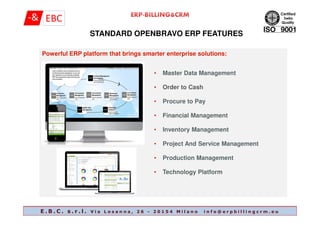 Powerful ERP platform that brings smarter enterprise solutions:
STANDARD OPENBRAVO ERP FEATURES
• Master Data Management
• Order to Cash
• Procure to Pay
• Financial Management• Financial Management
• Inventory Management
• Project And Service Management
• Production Management
• Technology Platform
E . B . C . s . r . l . V i a L o s a n n a , 2 6 - 2 0 1 5 4 M i l a n o i n f o @ e r p b i l l i n g c r m . e u
 