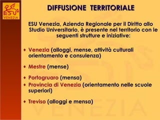 ESU Venezia, Azienda Regionale per il Diritto allo Studio Universitario, è presente nel territorio con le seguenti strutture e iniziative: Venezia  (alloggi, mense, attività culturali orientamento e consulenza) Mestre  (mense) Portogruaro  (mensa) Provincia di Venezia  (orientamento nelle scuole superiori) Treviso  (alloggi e mensa) DIFFUSIONE  TERRITORIALE 