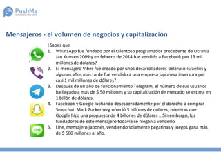 ¿Sabes que
1. WhatsApp fue fundado por el talentoso programador procedente de Ucrania
Jan Kum en 2009 y en febrero de 2014 fue vendido a Facebook por 19 mil
millones de dólares?
2. El mensajero Viber fue creado por unos desarrolladores belaruso-israelíes y
algunos años más tarde fue vendido a una empresa japonesa inversora por
casi 1 mil millones de dólares?
3. Después de un año de funcionamiento Telegram, el número de sus usuarios
ha llegado a más de $ 50 millones y su capitalización de mercado se estima en
1 billón de dólares.
4. Facebook y Google luchando desesperadamente por el derecho a comprar
Snapchat. Mark Zuckerberg ofreció 3 billones de dólares, mientras que
Google hizo una propuesta de 4 billones de dólares .. Sin embargo, los
fundadores de este mensajero todavía se niegan a venderlo
5. Line, mensajero japonés, vendiendo solamente pegatinas y juegos gana más
de $ 500 millones al año.
Mensajeros - el volumen de negocios y capitalización
 
