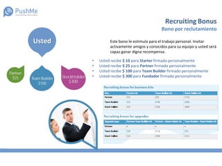 Recruiting Bonus
Bono por reclutamiento
Este bono le estimula para el trabajo personal. Invitar
activamente amigos y conocidos para su equipo y usted será
capaz ganar digna recompensa.
• Usted recibe $ 10 para Starter firmado personalmente
• Usted recibe $ 25 para Partner firmado personalmente
• Usted recibe $ 100 para Team Builder firmado personalmente
• Usted recibe $ 300 para Fundador firmado personalmente
Usted
 
