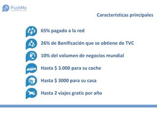 Características principales
65% pagado a la red
26% de Bonificación que se obtiene de TVC
10% del volumen de negocios mundial
Hasta $ 3.000 para su coche
Hasta $ 3000 para su casa
Hasta 2 viajes gratis por año
 