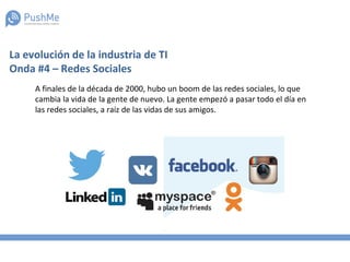 La evolución de la industria de TI
Onda #4 – Redes Sociales
A finales de la década de 2000, hubo un boom de las redes sociales, lo que
cambia la vida de la gente de nuevo. La gente empezó a pasar todo el día en
las redes sociales, a raíz de las vidas de sus amigos.
 