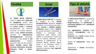 Finalità Scopi Tipo di attività
Il “AMICI DELLO STRETTO” si propone
di svolgere la sua attività
prevalentemente attraverso riunioni
periodiche, in via ordinaria una volta il
mese, incontri e dibattiti pubblici,
conferenze, aperti a tutti i cittadini.
Per quanto possibile e realizzabile, ai
dibattiti o comunque nello
svolgimento delle attività, verrà
redatto un documento al quale sarà
data la massima diffusione, anche
attraverso la pubblicazione di un
notiziario stampa cartaceo oppure
online, il cui contenuto, forma e
struttura verrà definito in un
momento successivo dagli organismi
dell’associazione.
Gli “AMICI DELLO STRETTO”
s’ispira ai valori della solidarietà
ed uguaglianza sociale, della
tutela dei più deboli ed orienta la
sua azione sociale e culturale
principalmente nel territorio
comunale di Cinisello Balsamo.
Inoltre svolge attività formative
orientate al miglioramento
dell’atteggiamento personale,
mettendo in atto attività di self
empowerment. Tratterà
argomenti della vita dei cittadini,
Salute, Famiglia, Lavoro, Figli,
Istruzione, Educazione, Sicurezza,
Istituzioni, Diritti e doveri,
Anziani.
Il “AMICI DELLO STRETTO” si propone di
svolgere la sua attività con
Programmazione, ma pianificando e
costruendo obiettivi chiari e Identificati
annualmente.
Fare aggregazione, Includere nuovi
Cittadini, coinvolgendoli nelle ns.
Iniziative.
Sostenere cause Nobili, erogare servizi
ad alto Valore Aggiunto.
Attività di Volontariato rivolto agli
anziani.
Trasformarsi in testata Giornalistica,
Informazione.
 