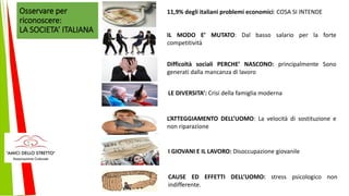 Osservare per
riconoscere:
LA SOCIETA’ ITALIANA
11,9% degli italiani problemi economici: COSA SI INTENDE
IL MODO E’ MUTATO: Dal basso salario per la forte
competitività
Difficoltà sociali PERCHE’ NASCONO: principalmente Sono
generati dalla mancanza di lavoro
LE DIVERSITA’: Crisi della famiglia moderna
L’ATTEGGIAMENTO DELL’UOMO: La velocità di sostituzione e
non riparazione
I GIOVANI E IL LAVORO: Disoccupazione giovanile
CAUSE ED EFFETTI DELL’UOMO: stress psicologico non
indifferente.
 