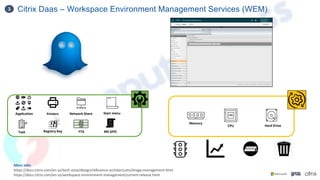 Citrix Daas – Workspace Environment Management Services (WEM)
3
More Info:
https://docs.citrix.com/en-us/tech-zone/design/reference-architectures/image-management.html
https://docs.citrix.com/en-us/workspace-environment-management/current-release.html
Memory
CPU Hard Drive
Application Printers Network Share
Task
.XLS
.DOC
.TXT
FTA MS GPO
Registry Key
Start menu
 