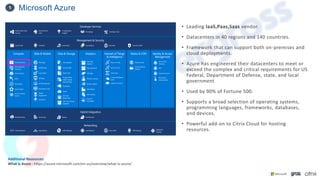 Additional Resources:
What is Azure - https://azure.microsoft.com/en-us/overview/what-is-azure/
Microsoft Azure
• Leading IaaS,Paas,Saas vendor.
• Datacenters in 40 regions and 140 countries.
• Framework that can support both on-premises and
cloud deployments.
• Azure has engineered their datacenters to meet or
exceed the complex and critical requirements for US
Federal, Department of Defense, state, and local
government
• Used by 90% of Fortune 500.
• Supports a broad selection of operating systems,
programming languages, frameworks, databases,
and devices.
• Powerful add-on to Citrix Cloud for hosting
resources.
1
 