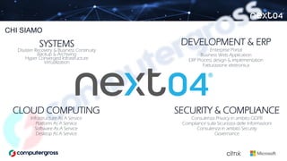 SYSTEMS
Disaster Recovery & Business Continuity
Backup & Archiving
Hyper Converged Infrastructure
Virtualization
DEVELOPMENT & ERP
Enterprise Portal
Business Web Application
ERP Process design & implementation
Fatturazione elettronica
CLOUD COMPUTING
Infrastructure As A Service
Platform As A Service
Software As A Service
Desktop As A Service
SECURITY & COMPLIANCE
Consulenza Privacy in ambito GDPR
Compliance sulla Sicurezza delle Informazioni
Consulenza in ambito Security
Governance
CHI SIAMO
 