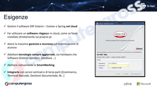 Esigenze
 Gestire il software ERP Sistemi – Esolver e Spring nel cloud
 Far utilizzare un software «legacy» in cloud, come se fosse
installato direttamente sul proprio pc
 Avere la massima garanzia e sicurezza sull’autenticazione di
accesso
 Adottare tecnologie sempre aggiornate, sia Hardware che
Software (Sistemi operativi, Database …)
 Abilitare nativamente lo SmartWorking
 Integrarlo con servizi verticali e di terze parti (Ecommerce,
Terminali Barcode, Gestione Documentale, BI…)
 