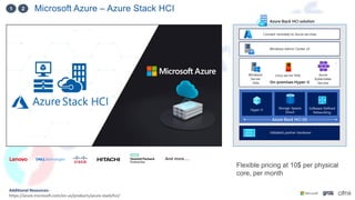 Additional Resources:
https://azure.microsoft.com/en-us/products/azure-stack/hci/
And more….
Flexible pricing at 10$ per physical
core, per month
Microsoft Azure – Azure Stack HCI
1 2
 