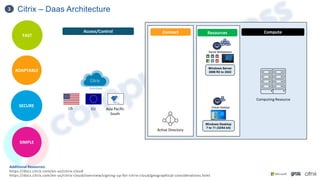 Citrix – Daas Architecture
3
Additional Resources:
https://docs.citrix.com/en-us/citrix-cloud
https://docs.citrix.com/en-us/citrix-cloud/overview/signing-up-for-citrix-cloud/geographical-considerations.html
Connect Compute
Computing Resource
Access/Control
Active Directory
Resources
Server Multisession
Windows Server
2008 R2 to 2022
Virtual Desktop
Windows Desktop
7 to 11 (32/64 bit)
ADAPTABLE
FAST
SECURE
SIMPLE
US EU Asia Pacific
South
 
