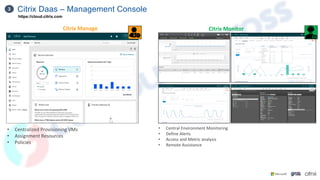 Citrix Daas – Management Console
3
https://cloud.citrix.com
Citrix Monitor
• Central Environment Monitoring
• Define Alerts
• Access and Metric analysis
• Remote Assistance
Citrix Manage
• Centralized Provisioning VMs
• Assignment Resources
• Policies
 