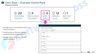 Citrix Daas – Overview Control Pane
3
Resource Location
• Manage one or more domains within each
resource location
• Cloud Connector discovers domains
automatically during deployment
• Manage across AD forests, user and
resource domains
 