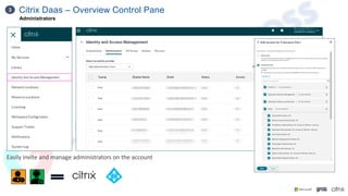 Citrix Daas – Overview Control Pane
3
Administrators
Easily invite and manage administrators on the account
 