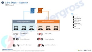 Citrix Daas – Security
3
Additional Resources:
https://docs.citrix.com/en-us/citrix-virtual-apps-desktops/policies/reference.html
Copy & Paste
Local Drive Redirection
Printer Redirection
Company Network External Network
User or Group
Tag
Delivery Group Type
Delivery Group
Client Name
Client IP Address
Citrix CloudBridge
Access Control
Policy Filters
HDX Protocol
Copy & Paste
Printer Redirection
Local Drive Redirection
 