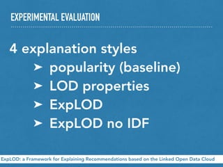 EXPERIMENTAL EVALUATION
ExpLOD: a Framework for Explaining Recommendations based on the Linked Open Data Cloud
4 explanation styles
➤ popularity (baseline)
➤ LOD properties
➤ ExpLOD
➤ ExpLOD no IDF
 