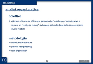 obiettivo
 ottenere efficacia ed efficienza, sapendo che “la soluzione” organizzativa è
sempre un “vestito su misura”, sviluppato solo sulla base della conoscenza dei
diversi modelli
metodologia
 macro/micro struttura
 process reengineering
 lean organization
analisi organizzativa
consulenza
14
 