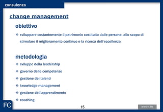 obiettivo
 sviluppare costantemente il patrimonio costituito dalle persone, allo scopo di
stimolare il miglioramento continuo e la ricerca dell’eccellenza
metodologia
 sviluppo della leadership
 governo delle competenze
 gestione dei talenti
 knowledge management
 gestione dell’apprendimento
 coaching
change management
consulenza
15
 