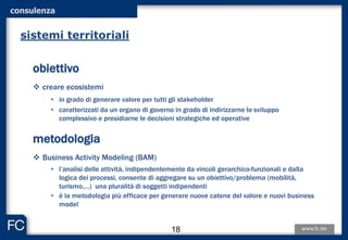 obiettivo
 creare ecosistemi
• in grado di generare valore per tutti gli stakeholder
• caratterizzati da un organo di governo in grado di indirizzarne lo sviluppo
complessivo e presidiarne le decisioni strategiche ed operative
metodologia
 Business Activity Modeling (BAM)
• l’analisi delle attività, indipendentemente da vincoli gerarchico-funzionali e dalla
logica dei processi, consente di aggregare su un obiettivo/problema (mobilità,
turismo,…) una pluralità di soggetti indipendenti
• è la metodologia più efficace per generare nuove catene del valore e nuovi business
model
sistemi territoriali
consulenza
18
 