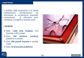 Il Gruppo FC ha maturato esperienze nella Pubblica Amministrazione e
presso grandi Imprese
Il portfolio delle esperienze e le attuali
collaborazioni contribuiscono ad
accrescere le competenze aziendali,
consentendo di affrontare piani
complessi e progetti su grande scala
I NUMERI:
 Oltre 1.000 Enti Pubblici (Pa
Centrale e PA Locale);
 Oltre 100 strutture sanitarie
pubbliche e private;
 Oltre 200 grandi imprese e società
miste;
 Oltre 10 Università pubbliche
esperienze
35
 