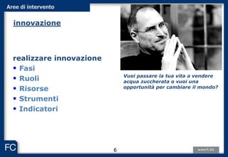 realizzare innovazione
 Fasi
 Ruoli
 Risorse
 Strumenti
 Indicatori
Vuoi passare la tua vita a vendere
acqua zuccherata o vuoi una
opportunità per cambiare il mondo?
6
Aree di intervento
innovazione
 