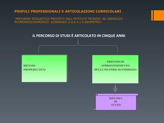 PROFILI PROFESSIONALI E ARTICOLAZIONI CURRICOLARI  PERCORSO SCOLASTICO PREVISTO DALL’ISTITUTO TECNICO  AD INDIRIZZO ECONOMICO/GIURIDICO  AZIENDALE (I.G.E.A.) E GEOMETRII: BIENNIO PROPEDEUTICO TRIENNIO DI APPROFONDIMENTO DELLE MATERIE DI INDIRIZZO IL PERCORSO DI STUDI È ARTICOLATO IN CINQUE ANNI DIPLOMA  DI  STATO 