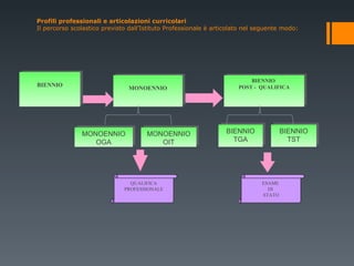 Profili professionali e articolazioni curricolari Il percorso scolastico previsto dall’Istituto Professionale è articolato nel seguente modo: MONOENNIO OGA MONOENNIO OIT BIENNIO TGA BIENNIO TST ESAME  DI  STATO BIENNIO MONOENNIO BIENNIO  POST -  QUALIFICA QUALIFICA PROFESSIONALE 