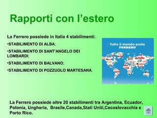 Rapporti con l’estero
La Ferrero possiede in Italia 4 stabilimenti:
•STABILIMENTO DI ALBA;
•STABILIMENTO DI SANT’ANGELO DE...