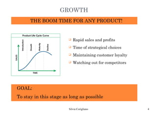 GROWTH
           THE BOOM TIME FOR ANY PRODUCT!


                            q   Rapid sales and profits
                            q   Time of strategical choices
                            q   Maintaining customer loyalty
                            q   Watching out for competitors




   GOAL:
   To stay in this stage as long as possible

                            Silvia Corigliano                  4
 