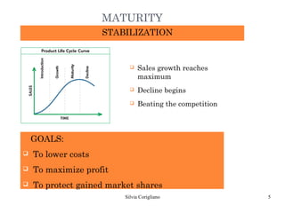 MATURITY
                        STABILIZATION


                               q   Sales growth reaches
                                   maximum
                               q   Decline begins
                               q   Beating the competition



q   GOALS:
q   To lower costs
q   To maximize profit
q   To protect gained market shares
                             Silvia Corigliano               5
 