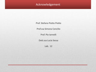 Prof. Stefano Piotto Piotto
Prof.ssa Simona Concilio
Prof. Pio Iannelli
Dott.ssa Lucia Sessa
Lab. 12
Acknowledgement
 