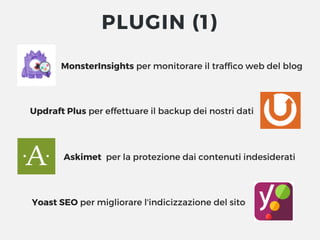  MonsterInsights per monitorare il traffico web del blog
Askimet  per la protezione dai contenuti indesiderati 
Yoast SEO per migliorare l'indicizzazione del sito
Updraft Plus per effettuare il backup dei nostri dati
PLUGIN (1)
 