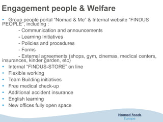 Engagement people & Welfare
• Group people portal “Nomad & Me” & Internal website “FINDUS
PEOPLE”, including :
- Communication and announcements
- Learning Initiatives
- Policies and procedures
- Forms
- External agreements (shops, gym, cinemas, medical centers,
insurances, kinder garden, etc)
• Internal “FINDUS-STORE” on line
• Flexible working
• Team Building initiatives
• Free medical check-up
• Additional accident insurance
• English learning
• New offices fully open space
 