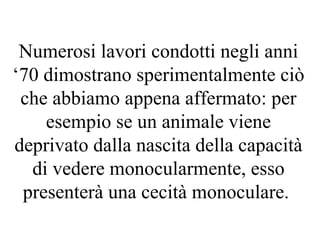 Numerosi lavori condotti negli anni
‘70 dimostrano sperimentalmente ciò
che abbiamo appena affermato: per
esempio se un animale viene
deprivato dalla nascita della capacità
di vedere monocularmente, esso
presenterà una cecità monoculare.
 