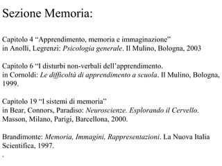 Sezione Memoria:
Capitolo 4 “Apprendimento, memoria e immaginazione”
in Anolli, Legrenzi: Psicologia generale. Il Mulino, Bologna, 2003
Capitolo 6 “I disturbi non-verbali dell’apprendimento.
in Cornoldi: Le difficoltà di apprendimento a scuola. Il Mulino, Bologna,
1999.
Capitolo 19 “I sistemi di memoria”
in Bear, Connors, Paradiso: Neuroscienze. Esplorando il Cervello.
Masson, Milano, Parigi, Barcellona, 2000.
Brandimonte: Memoria, Immagini, Rappresentazioni. La Nuova Italia
Scientifica, 1997.
.
 