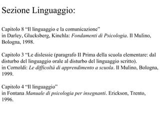 Sezione Linguaggio:
Capitolo 8 “Il linguaggio e la comunicazione”
in Darley, Glucksberg, Kinchla: Fondamenti di Psicologia. Il Mulino,
Bologna, 1998.
Capitolo 3 “Le dislessie (paragrafo II Prima della scuola elementare: dal
disturbo del linguaggio orale al disturbo del linguaggio scritto).
in Cornoldi: Le difficoltà di apprendimento a scuola. Il Mulino, Bologna,
1999.
Capitolo 4 “Il linguaggio”
in Fontana Manuale di psicologia per insegnanti. Erickson, Trento,
1996.
 