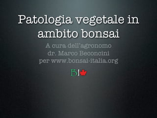 Patologia vegetale in
   ambito bonsai
     A cura dell’agronomo
     dr. Marco Beconcini
   per www.bonsai-italia.org
 