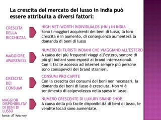 La crescita del mercato del lusso in India può
     essere attribuita a diversi fattori:

  CRESCITA          HIGH NET-WORTH INDIVIDUALDS (HNI) IN INDIA
  DELLA             Sono i maggiori acquirenti dei beni di lusso, la loro
  RICCHEZZA         crescita è in aumento, di conseguenza aumenterà la
                    domanda di beni di lusso

                    NUMERO DI TURISTI INDIANI CHE VIAGGIANO ALL’ESTERO
  MAGGIORE          A causa dei più frequenti viaggi all’estero, sempre di
  AWARENESS         più gli indiani sono esposti ai brand internazionali.
                    Con il facile accesso ad internet sempre più persone
                    sono consapevoli dei brand stranieri.
                    CONSUMI PRO CAPITE
  CRESCITA
                    Con la crescita dei consumi dei beni non necessari, la
  DEI
                    domanda dei beni di lusso è cresciuta. Non vi è
  CONSUMI
                    sentimento di colpevolezza nella spesa in lusso.

MAGGIOR             NUMERO CRESCENTE DI LUXURY BRAND SHOP
DISPONIBILITA’      A causa della più facile disponibilità di beni di lusso, le
DI BENI DI          vendite locali sono aumentate.
LUSSO
fonte: AT Kearney
 