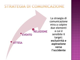 La straegia di
                       comunicazione
                       mira a colpire
                        due elementi
             RELAZIONE      a cui è
      EVENTO              sensibile il
                            target:
                        esclusività e
ATTESA                   aspirazione
                             verso
                         l’occidente
 