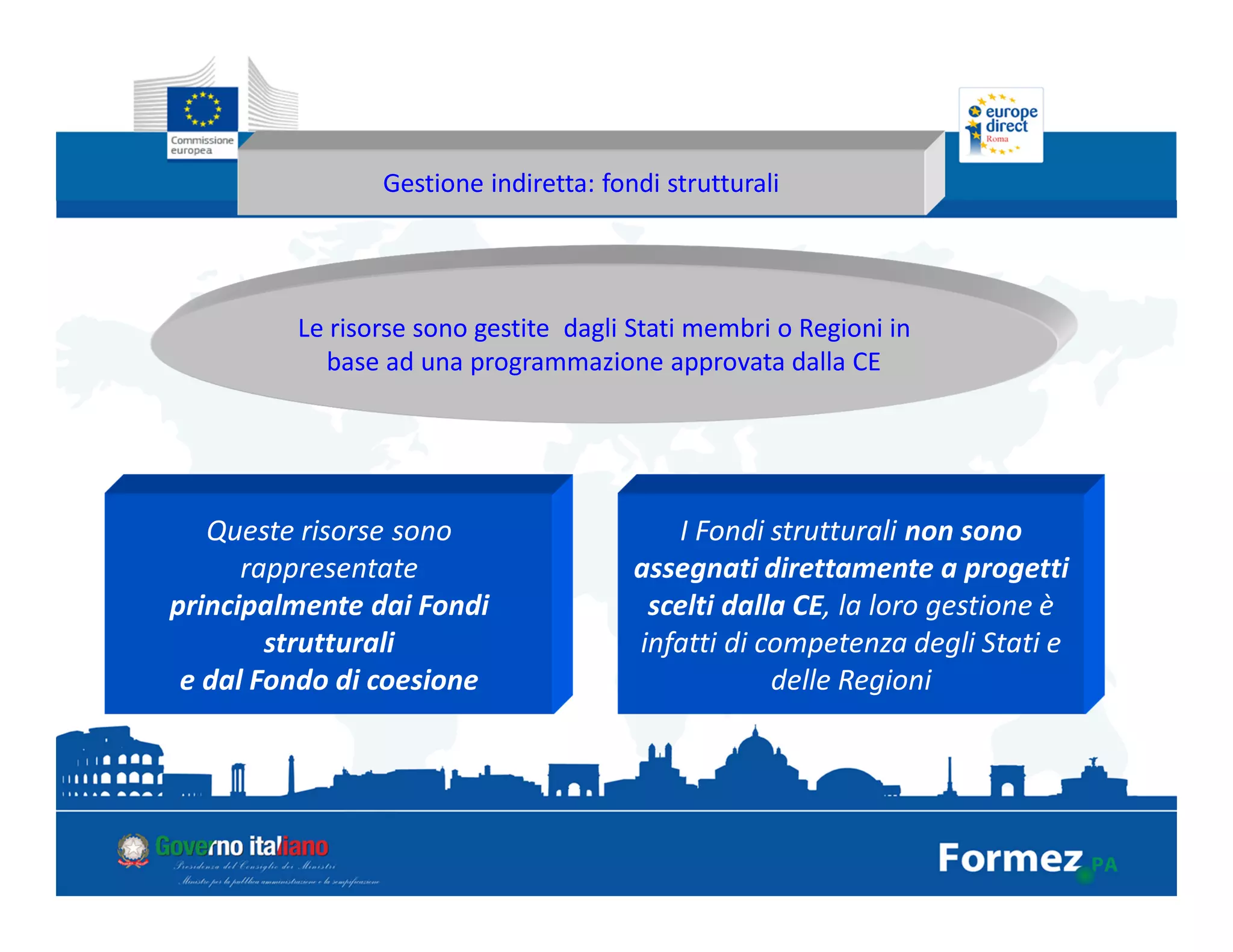 Gestione indiretta: fondi strutturali
Queste risorse sono
rappresentate
principalmente dai Fondi
strutturali
e dal Fondo di coesione
I Fondi strutturali non sono
assegnati direttamente a progetti
scelti dalla CE, la loro gestione è
infatti di competenza degli Stati e
delle Regioni
Le risorse sono gestite dagli Stati membri o Regioni in
base ad una programmazione approvata dalla CE
 