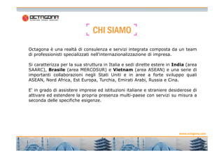 CHI SIAMOCHI SIAMOCHI SIAMOCHI SIAMO
Octagona è una realtà di consulenza e servizi integrata composta da un team
di professionisti specializzati nell'internazionalizzazione di impresa.
Si caratterizza per la sua struttura in Italia e sedi dirette estere in India (area
SAARC), Brasile (area MERCOSUR) e Vietnam (area ASEAN) e una serie di
importanti collaborazioni negli Stati Uniti e in aree a forte sviluppo quali
ASEAN, Nord Africa, Est Europa, Turchia, Emirati Arabi, Russia e Cina.
2 2
www.octagona.com
ASEAN, Nord Africa, Est Europa, Turchia, Emirati Arabi, Russia e Cina.
E' in grado di assistere imprese ed istituzioni italiane e straniere desiderose di
attivare ed estendere la propria presenza multi-paese con servizi su misura a
seconda delle specifiche esigenze.
 
