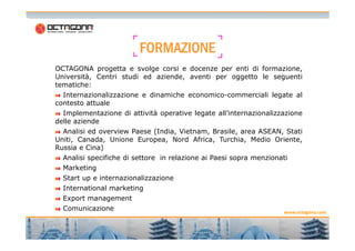 FORMAZIONEFORMAZIONEFORMAZIONEFORMAZIONE
OCTAGONA progetta e svolge corsi e docenze per enti di formazione,
Università, Centri studi ed aziende, aventi per oggetto le seguenti
tematiche:
Internazionalizzazione e dinamiche economico-commerciali legate al
contesto attuale
Implementazione di attività operative legate all’internazionalizzazione
delle aziende
5
www.octagona.com
Analisi ed overview Paese (India, Vietnam, Brasile, area ASEAN, Stati
Uniti, Canada, Unione Europea, Nord Africa, Turchia, Medio Oriente,
Russia e Cina)
Analisi specifiche di settore in relazione ai Paesi sopra menzionati
Marketing
Start up e internazionalizzazione
International marketing
Export management
Comunicazione
 