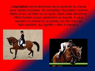 L’équitation est la technique de la conduite du cheval
sous l'action humaine. On considère l'équitation comme
étant un art...