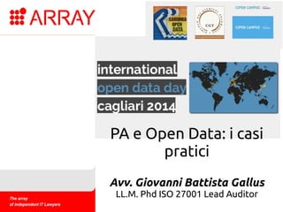 Testo diapo

PA e Open Data: i casi
pratici
Avv. Giovanni Battista Gallus
LL.M. Phd ISO 27001 Lead Auditor

 