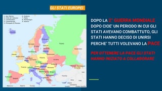 DOPO LA 2° GUERRA MONDIALE
DOPO CIOE’ UN PERIODO IN CUI GLI
STATI AVEVANO COMBATTUTO, GLI
STATI HANNO DECISO DI UNIRSI
PERCHE’ TUTTI VOLEVANO LA PACE
PER OTTENERE LA PACE GLI STATI
HANNO INIZIATO A COLLABORARE
GLI STATI EUROPEI
 