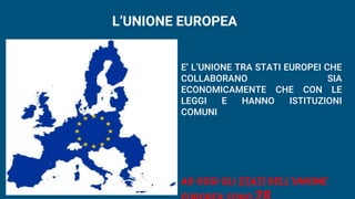 L’UNIONE EUROPEA
E’ L’UNIONE TRA STATI EUROPEI CHE
COLLABORANO SIA
ECONOMICAMENTE CHE CON LE
LEGGI E HANNO ISTITUZIONI
COMUNI
AD OGGI GLI STATI DELL’UNIONE
 