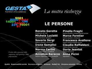 La nostra ricchezza LE PERSONE Renato Goretta Presidente del CdA Michela Lucietti Amministratore Delegato Saverio Sergi Settore Qualità e Sicurezza Irene Semplici Settore Ambiente e Sicurezza Norma Carlini Settore Sicurezza e Ambiente Annalisa Baracco Settore Organizzazione e Ambiente Pinella Fraghì Settore Qualità e Responsabilità sociale Marco Foretier Settore Qualità e Ambiente Francesco Avallone Settore Responsabilità sociale Claudio Raffaldoni Settore Primo soccorso Dario Jeantet Settore sicurezza Anna Picini Segreteria Il valore della conoscenza, della competenza, dell’esperienza e della professionalità 