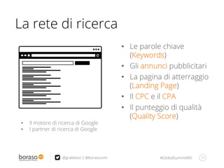 #GlobalSummitMD 19@grabbiosi | @borasocom
La rete di ricerca
•  Il motore di ricerca di Google
•  I partner di ricerca di Google
•  Le parole chiave
(Keywords)
•  Gli annunci pubblicitari
•  La pagina di atterraggio
(Landing Page)
•  Il CPC e il CPA
•  Il punteggio di qualità
(Quality Score)
 