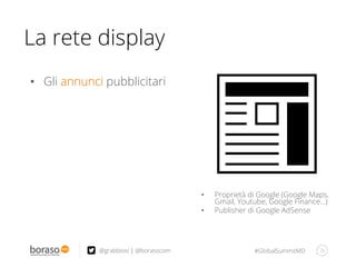 #GlobalSummitMD 26@grabbiosi | @borasocom
La rete display
•  Proprietà di Google (Google Maps,
Gmail, Youtube, Google Finance…)
•  Publisher di Google AdSense
•  Gli annunci pubblicitari
 
