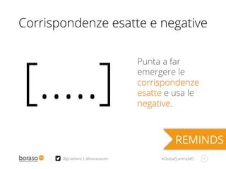 #GlobalSummitMD
Corrispondenze esatte e negative
41@grabbiosi | @borasocom
Punta a far
emergere le
corrispondenze
esatte e usa le
negative.
[…..]
 